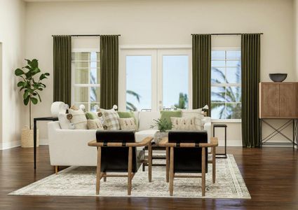 Rendering of living area showing white
  sectional couch, black accent chairs, and media cabinet with tv and dark wood
  look flooring throughout.