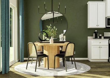 Rendering of the
  dining nook featuring a round table and large light fixture in front of a
  media cabinet with a view of the kitchen to the right.