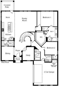 D.R. Horton's Valley Spring floorplan, 1st floor - All Home and community information, including pricing, included features, terms, availability and amenities, are subject to change at any time without notice or obligation. All Drawings, pictures, photographs, video, square footages, floor plans, elevations, features, colors and sizes are approximate for illustration purposes only and will vary from the homes as built.