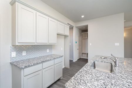 Kitchen with white cabinetry, dark hardwood / wood-style flooring, light stone countertops, and sink