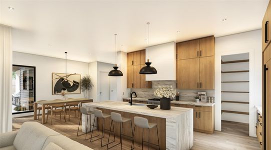 Kitchen with tasteful backsplash, light wood-type flooring, a kitchen island with sink, a breakfast bar, and pendant lighting Kitchen with tasteful backsplash, light wood-type flooring, a kitchen island with sink, a breakfast bar, and pendant lighting