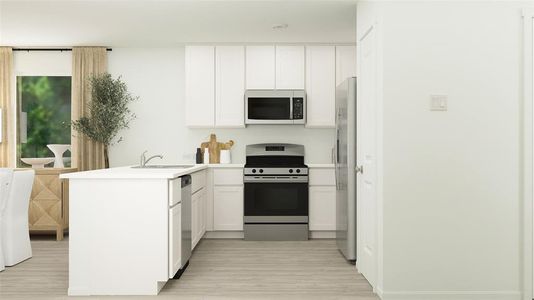 Kitchen with sink, stainless steel appliances, kitchen peninsula, white cabinets, and light wood-type flooring