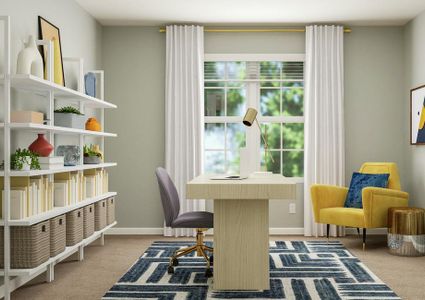 Rendering of an office with a large
  window. A desk is in the center of the room with open shelving behind it. In
  the corner is an armchair and side table.