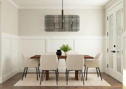 Rendering of dining room highlighting a
  large wooden 6-person table.Â