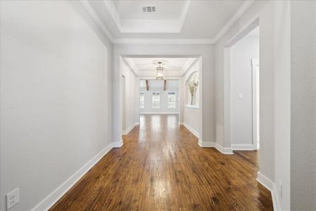 Hall with a raised ceiling, dark hardwood / wood-style floors, and crown molding