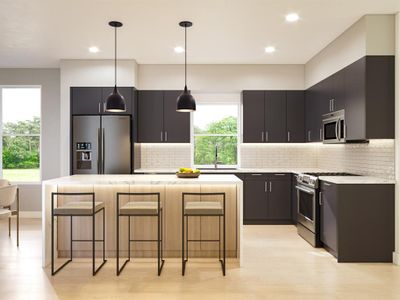 This is a modern kitchen featuring dark cabinetry, stainless steel appliances, and a central island with bar stool seating. The space is illuminated by natural light from large windows and stylish pendant lights. The kitchen also showcases a subway tile backsplash and light wood flooring.