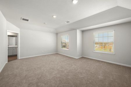 Large, primary bedroom with beautiful windows.