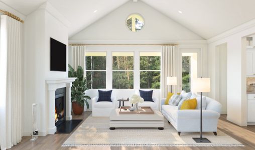 Great room with fireplace and gorgeous flooring