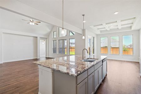 Kitchen with light stone counters, pendant lighting, dark hardwood / wood-style flooring, and a healthy amount of sunlight