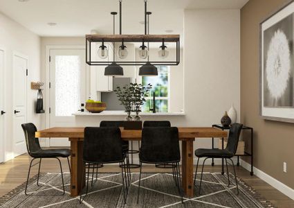 Rendering of the dining room with
  six-person table, bar cart and wood-style vinyl plank flooring.