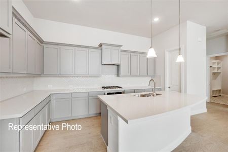 Kitchen with sink, light hardwood / wood-style floors, tasteful backsplash, gray cabinets, and a kitchen island with sink