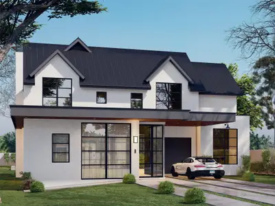 View of front of house featuring a standing seam roof, a front yard, metal roof, and stucco siding