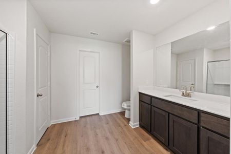 Bathroom featuring walk in shower, vanity, toilet, and hardwood / wood-style floors