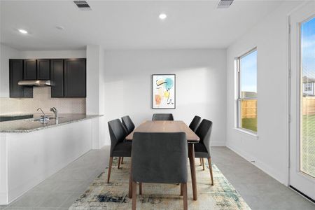 Make memories gathered around the table with your family and friends! This dining room features high ceilings, large window allowing in natural lighting, and easy access to your kitchen and family room.