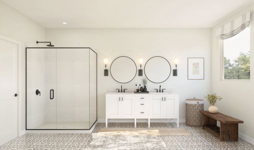 Primary bath with freestanding vanity