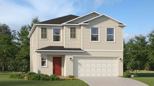 Exterior with extured stucco, horizontal lap siding and overlapping gable roof peaks