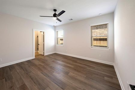 The farmhouse-style upgraded vinyl plank flooring is cool, easy to clean and looks amazing.