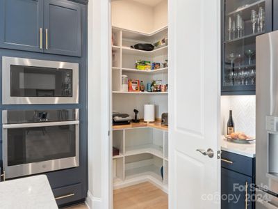 CUSTOM pantry with butcher block countertop and electrical outlets for appliances!