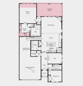 Structural options added include: gourmet kitchen, media room, slide in tub at primary bath, extended primary suite, covered outdoor living 1, added upstairs bath.