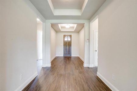 Corridor featuring a tray ceiling and dark hardwood / wood-style floors