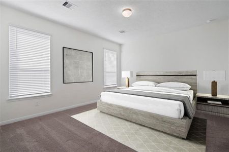 Come and unwind after a long day in this magnificent primary suite! This spacious room features plush carpet, warm paint, high ceilings and large windows with privacy blinds.