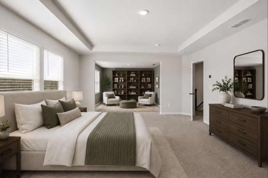 A bedroom with a bed and a mirror. A bedroom with a bed and a mirror.