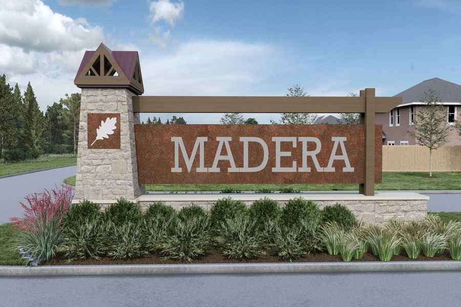 Entrance to the Madera Trails community in New Caney, TX, featuring signage and landscaping (Image 1). Entrance to the Madera Trails community in New Caney, TX, featuring signage and landscaping (Image 1).