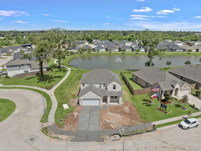 A small town with a pond.