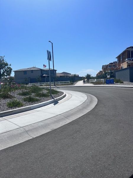 A sunny, quiet street with modern homes in Mandarin at Citrus Park by Landsea Homes, Goodyear, AZ.