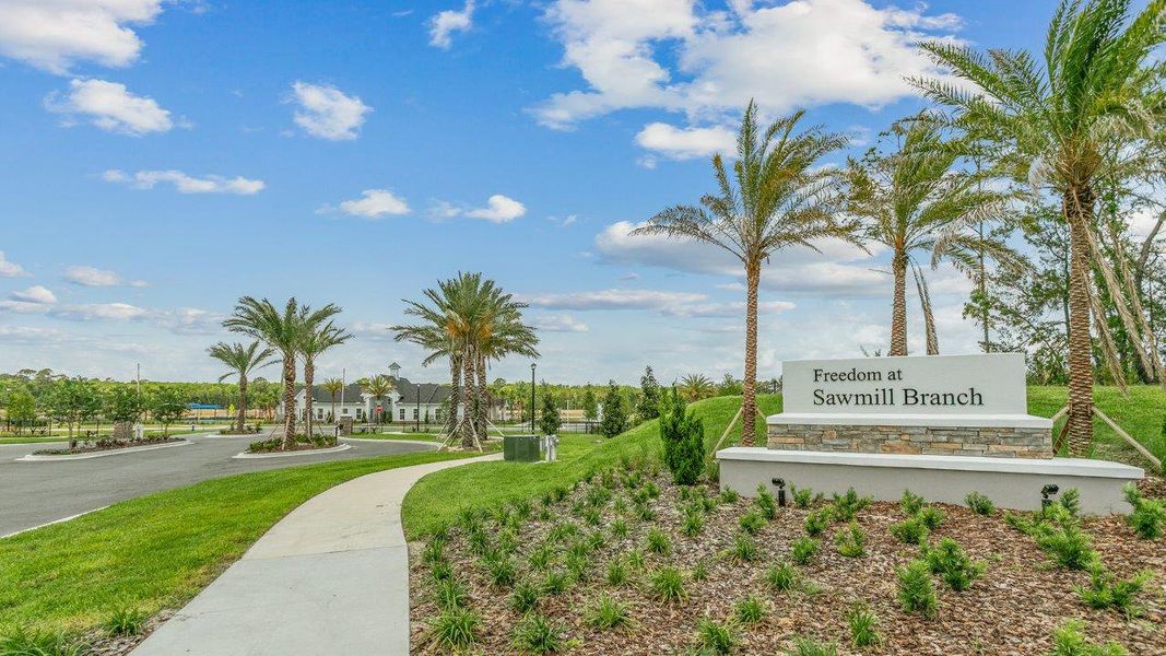 Entrance to the Freedom at Sawmill Branch community in Palm Coast, FL, featuring signage and landscaping (Image 10).