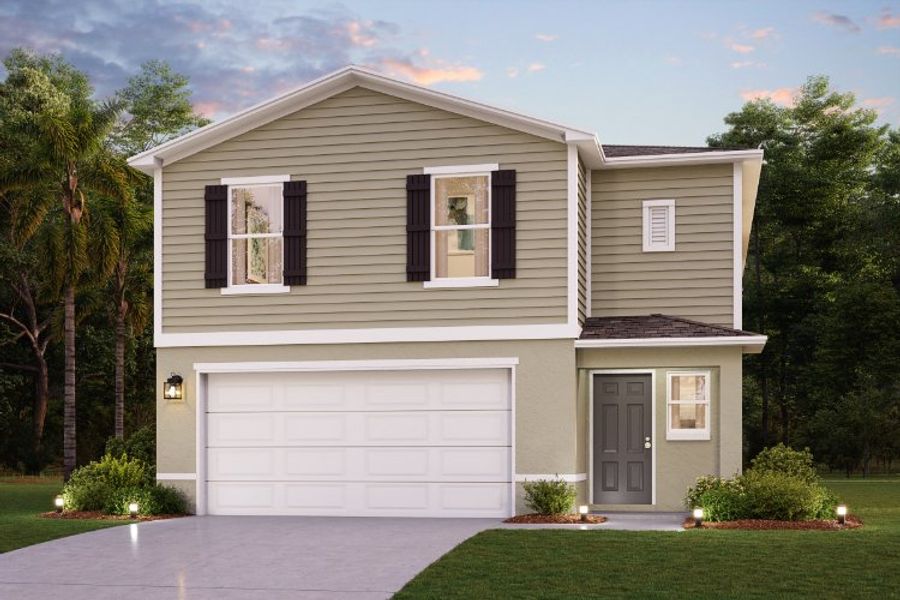 A white house with a garage.