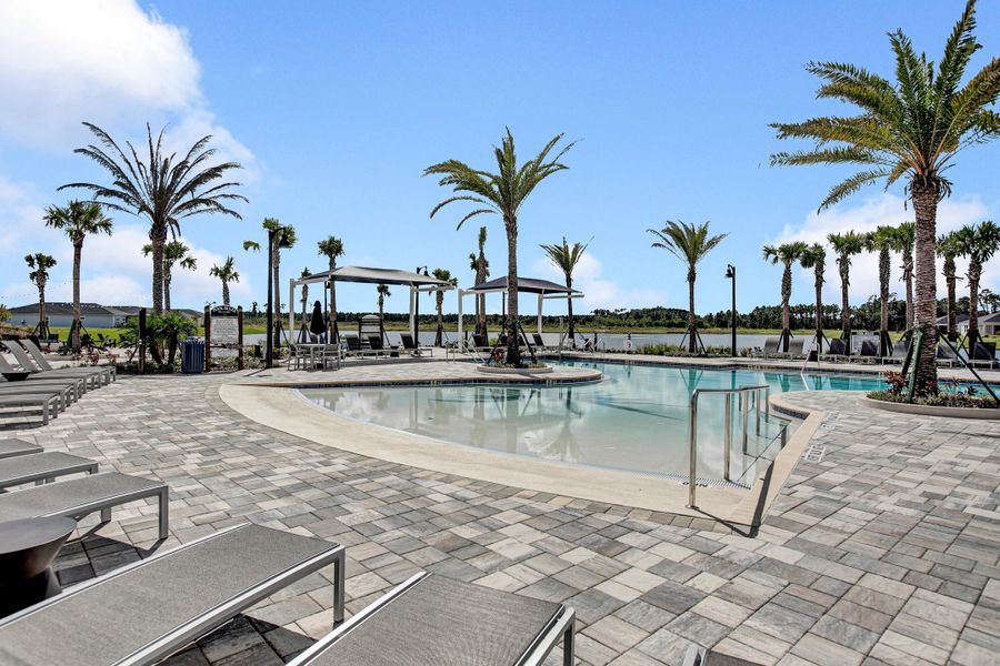 Community pool with paver deck, lounge chairs, pergolas, and palm trees near a waterfront view