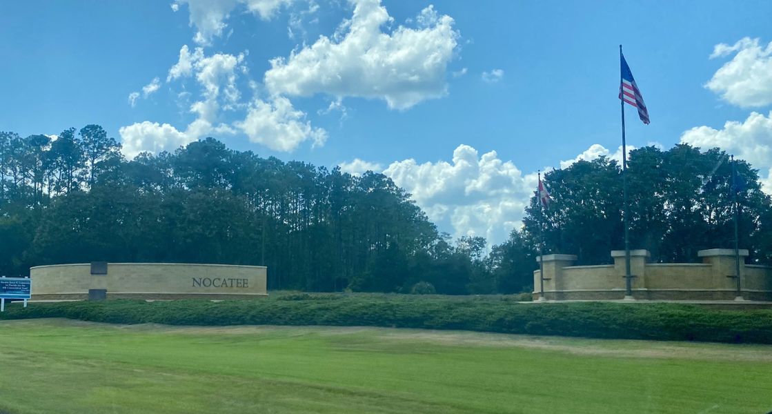 A welcoming entrance with lush greenery in Reflections at Nocatee by Providence Homes (Nocatee, FL).