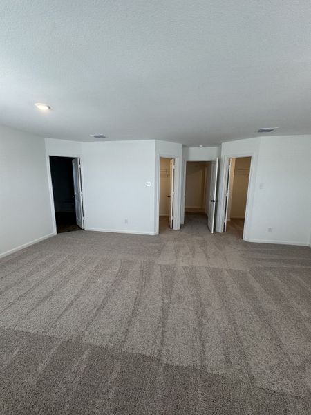A spacious carpeted room with multiple doors and soft lighting for versatile interior design.