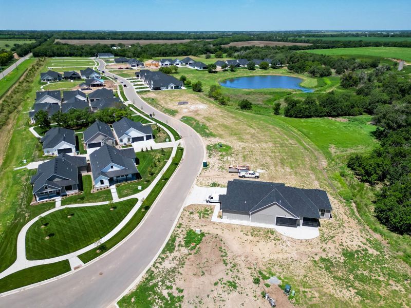 Aerial view of the The Courtyards at Jacobs Farm community in Wichita, KS, showing layout and nearby surroundings (Image 10). Aerial view of the The Courtyards at Jacobs Farm community in Wichita, KS, showing layout and nearby surroundings (Image 10).