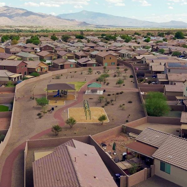 Aerial view of the Bella Tierra Horizon community in Tucson, AZ, showing layout and nearby surroundings (Image 1).