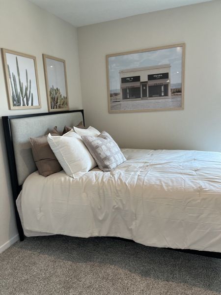 A cozy bedroom featuring a plush bed with white linens, artful cactus prints, and a large framed photo.