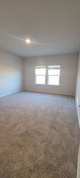 A spacious room with soft carpeting, neutral walls, and two large windows for natural light.