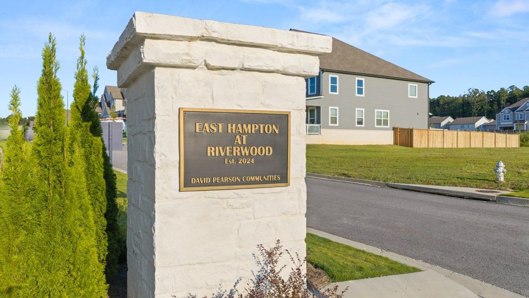Entrance to the Hamptons at Riverwood East community in Dallas, GA, featuring signage and landscaping (Image 2).
