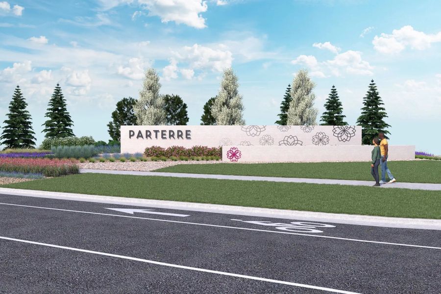 Main entrance to the Parterre master-planned community in Thornton, CO, featuring its landmark signage (Image 1).