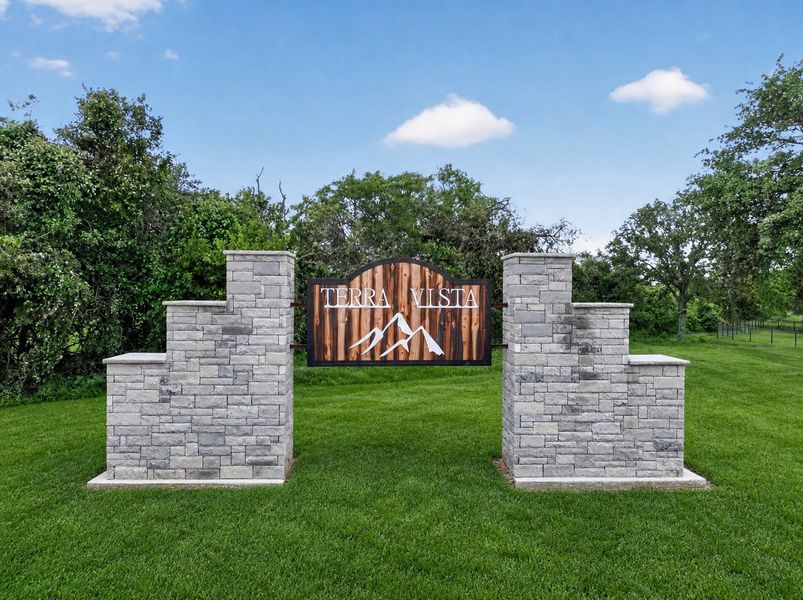 Entrance to the Terra Vista Estates community in Springtown, TX, featuring signage and landscaping (Image 2).