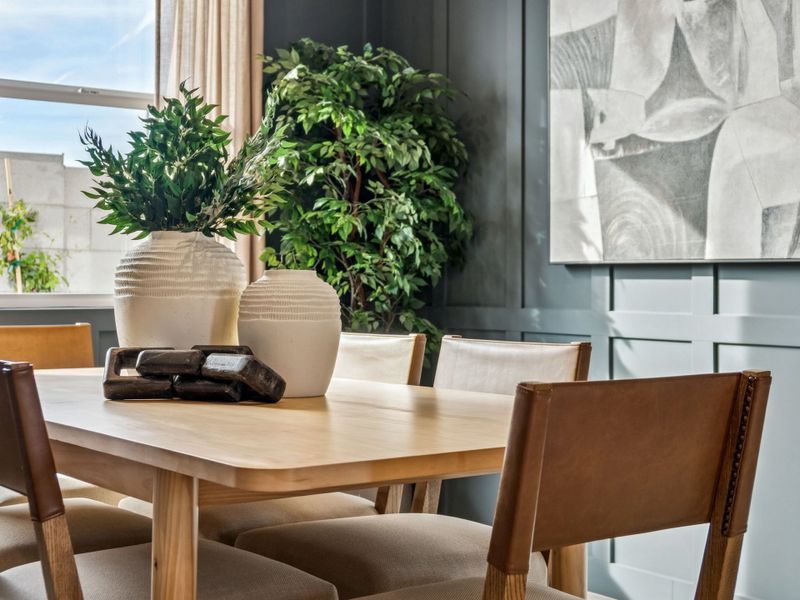 A table with chairs and a plant on it.