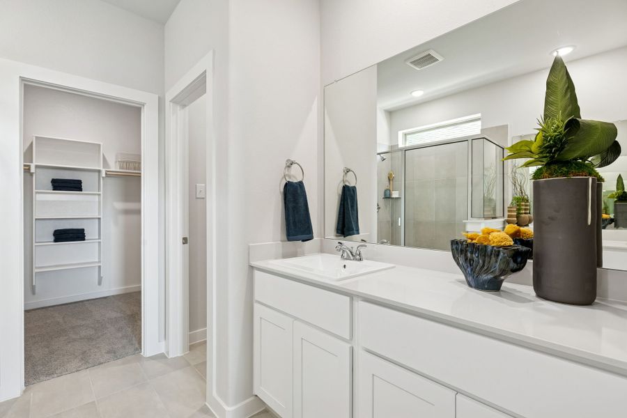 Primary Bathroom in a Nicholson Ranch Magnolia Model Home in Lavon TX by Trophy Signature Homes