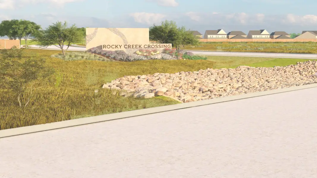 Entrance to the Rocky Creek Crossing community in Crowley, TX, featuring signage and landscaping (Image 1). Entrance to the Rocky Creek Crossing community in Crowley, TX, featuring signage and landscaping (Image 1).