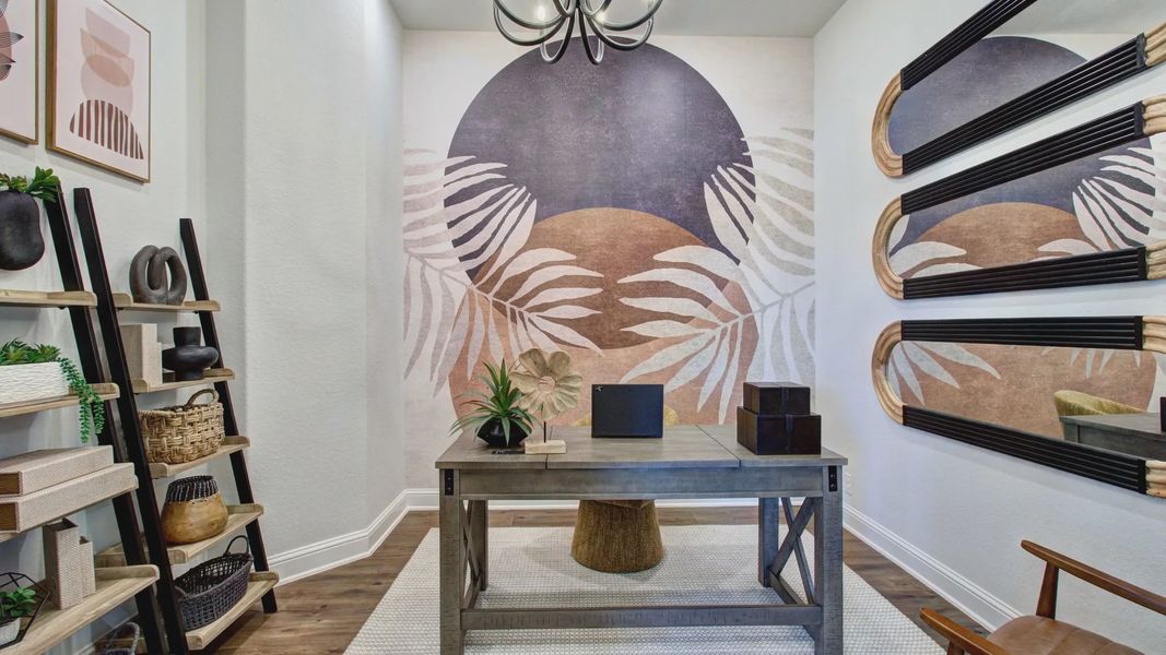 Luxurious Meyer Ranch office features elegant mural, sleek wooden furniture, and bespoke shelving. Luxurious Meyer Ranch office features elegant mural, sleek wooden furniture, and bespoke shelving.