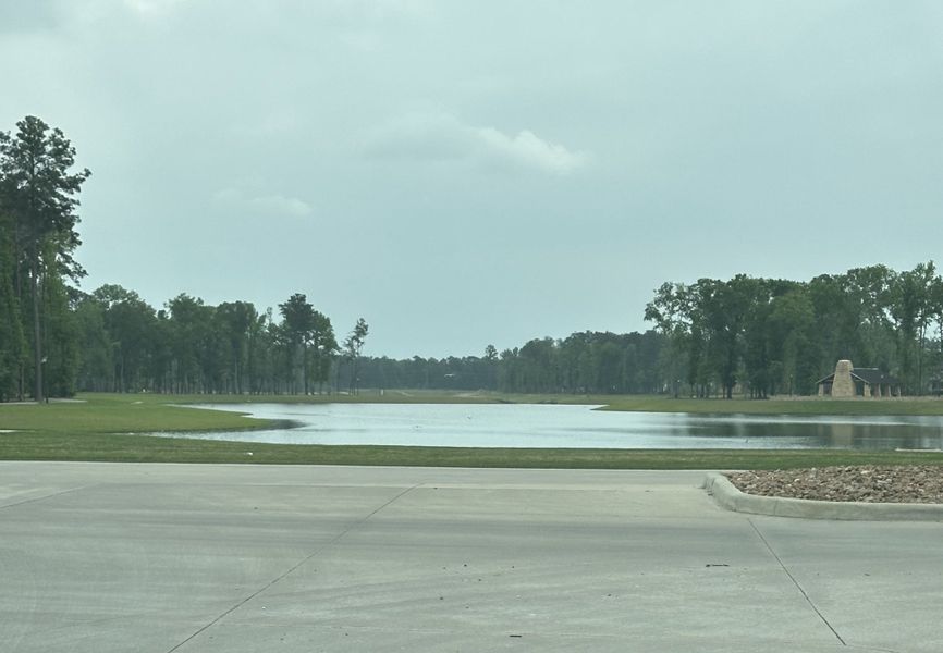 A serene lake view with lush greenery in The Highlands by Caldwell Homes (Porter, TX).