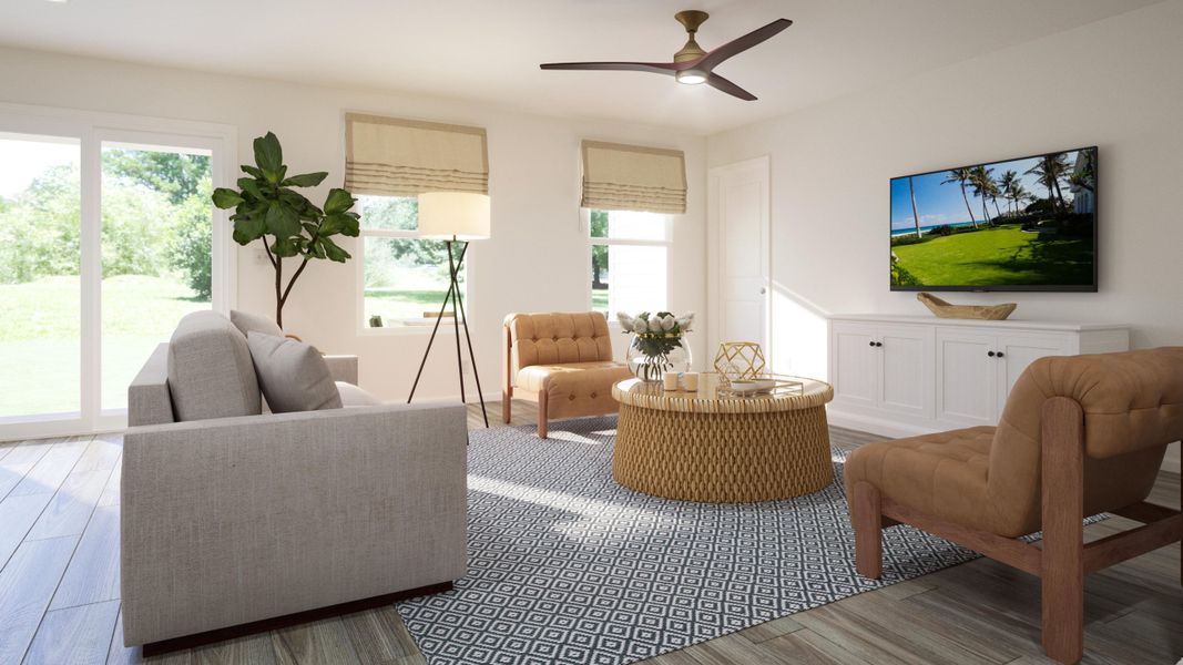 A living room with a tv and chairs. A living room with a tv and chairs.