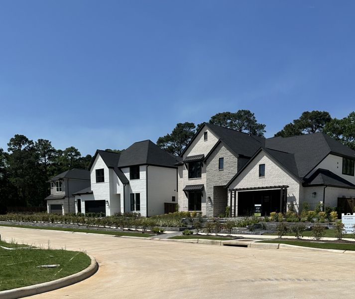 Charming white brick homes with manicured yards in Brook Bend at Clopton Farms by Tri Pointe Homes (Conroe, TX).