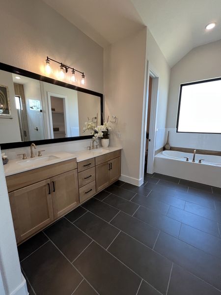 A sophisticated bathroom featuring a double vanity, sleek black tiles, and a chic bathtub with elegant fixtures.