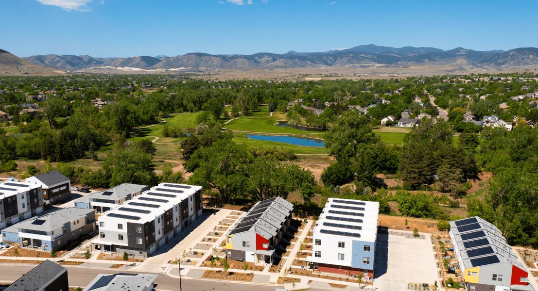 Aerial view of the Geos community in Arvada, CO, showing layout and nearby surroundings (Image 18). Aerial view of the Geos community in Arvada, CO, showing layout and nearby surroundings (Image 18).